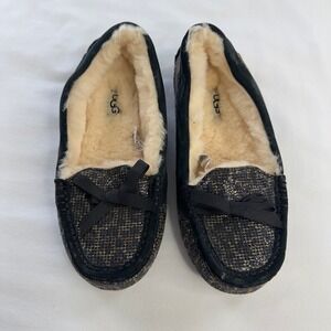 UGG Rylee Slipper Womens 6 Black Metallic Leopard Shearling Loafer Moc‎ Toe Shoe